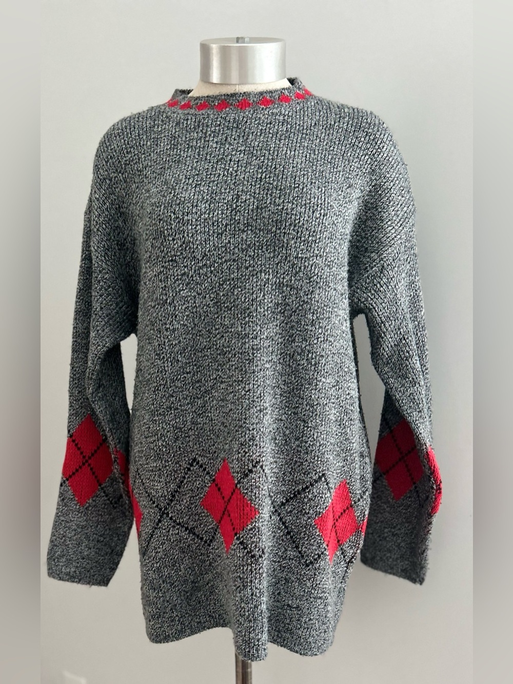 Vintage Huntington Ridge Lge– Gray Red Argyle Sweater – Oversized Grandpa Knit